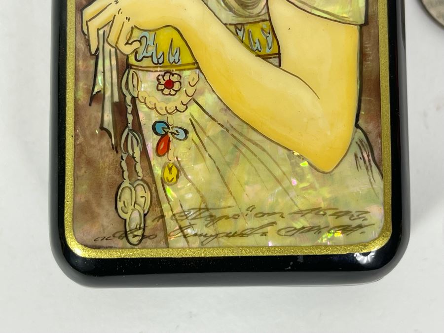 Fine Handmade Signed Russian Lacquer Box Art Nouveau Period Style After Alphonse Mucha With Inlaid Mother Of Pearl Design 2.25W X 5L X 1H [Photo 12]