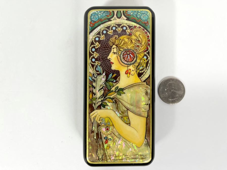 Fine Handmade Signed Russian Lacquer Box Art Nouveau Period Style After Alphonse Mucha With Inlaid Mother Of Pearl Design 2.25W X 5L X 1H [Photo 18]