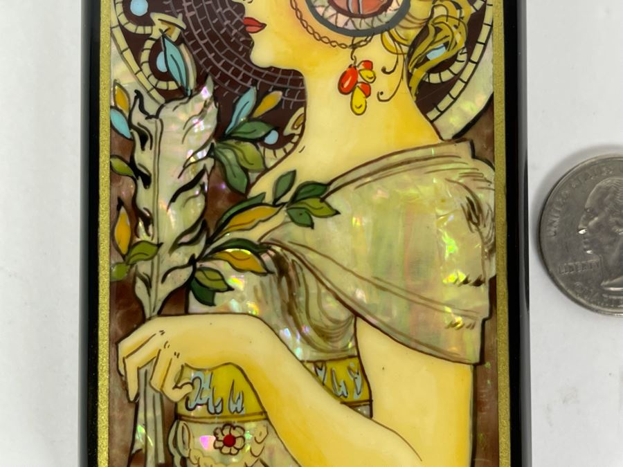 Fine Handmade Signed Russian Lacquer Box Art Nouveau Period Style After Alphonse Mucha With Inlaid Mother Of Pearl Design 2.25W X 5L X 1H [Photo 4]