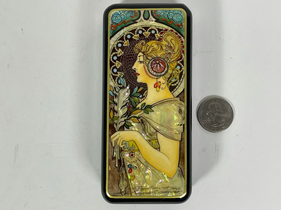 Fine Handmade Signed Russian Lacquer Box Art Nouveau Period Style After Alphonse Mucha With Inlaid Mother Of Pearl Design 2.25W X 5L X 1H [Photo 7]