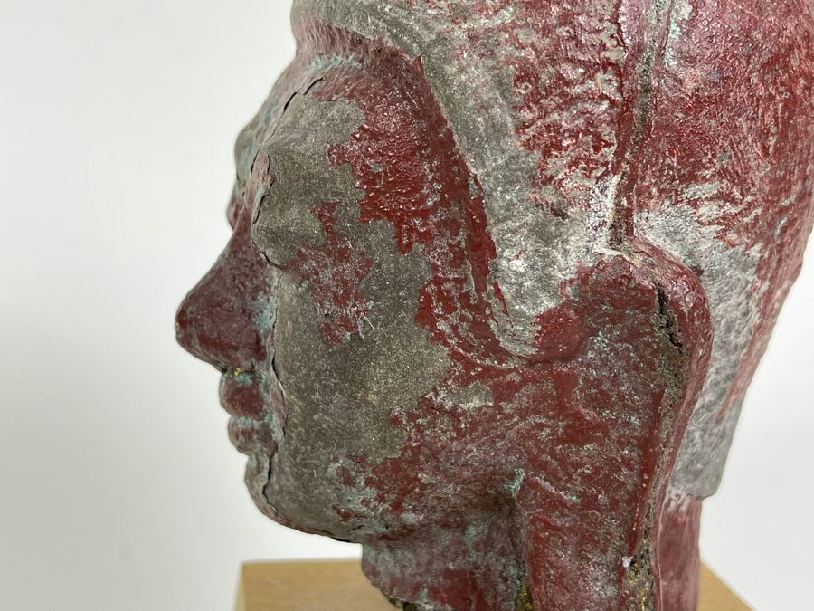 Old Chinese Buddha Head On Wooden Display Stand - Appears To Be Originally Gilded 7H (With Stand 9H) [Photo 18]