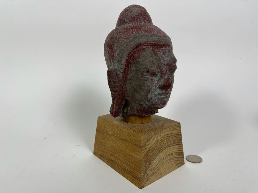 Old Chinese Buddha Head On Wooden Display Stand - Appears To Be Originally Gilded 7H (With Stand 9H) [Photo 7]