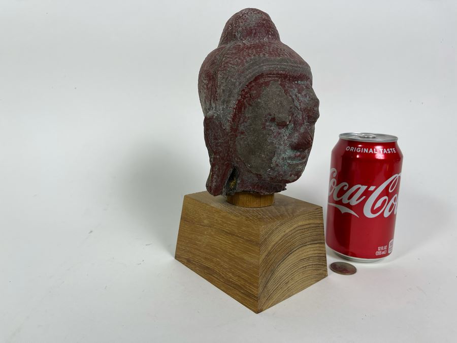 Old Chinese Buddha Head On Wooden Display Stand - Appears To Be Originally Gilded 7H (With Stand 9H) [Photo 2]