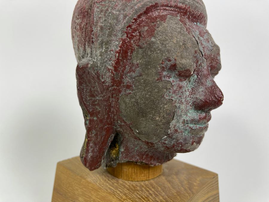 Old Chinese Buddha Head On Wooden Display Stand - Appears To Be Originally Gilded 7H (With Stand 9H) [Photo 8]