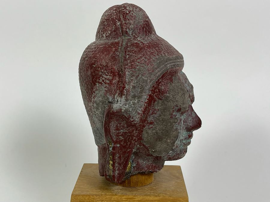 Old Chinese Buddha Head On Wooden Display Stand - Appears To Be Originally Gilded 7H (With Stand 9H) [Photo 12]