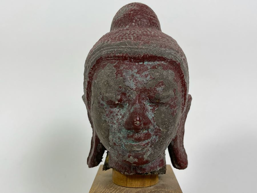 Old Chinese Buddha Head On Wooden Display Stand - Appears To Be Originally Gilded 7H (With Stand 9H) [Photo 4]