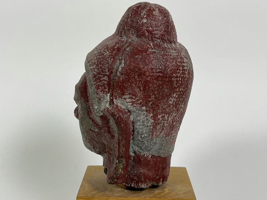 Old Chinese Buddha Head On Wooden Display Stand - Appears To Be Originally Gilded 7H (With Stand 9H) [Photo 14]