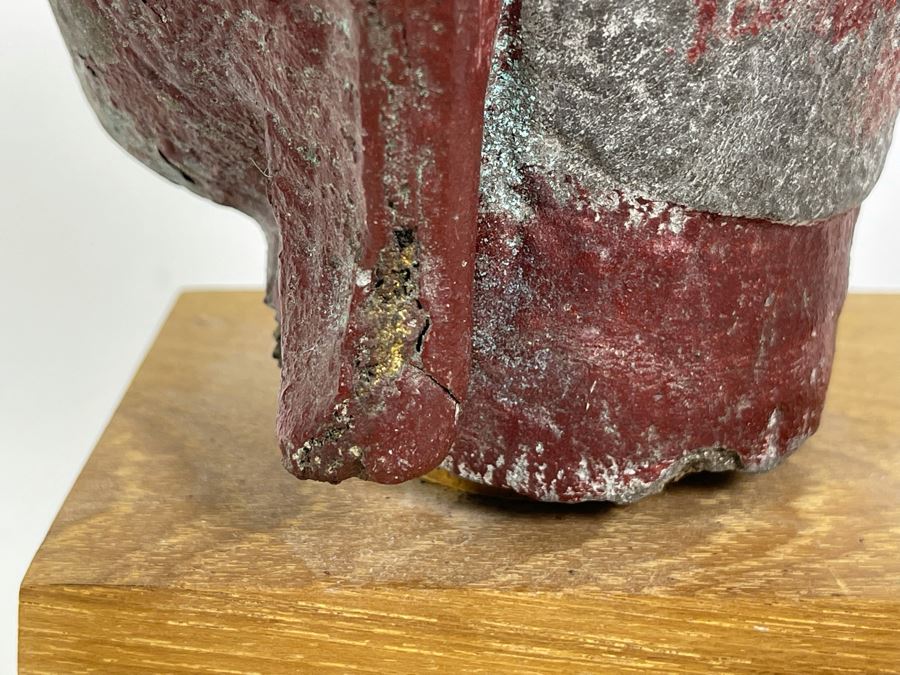 Old Chinese Buddha Head On Wooden Display Stand - Appears To Be Originally Gilded 7H (With Stand 9H) [Photo 15]