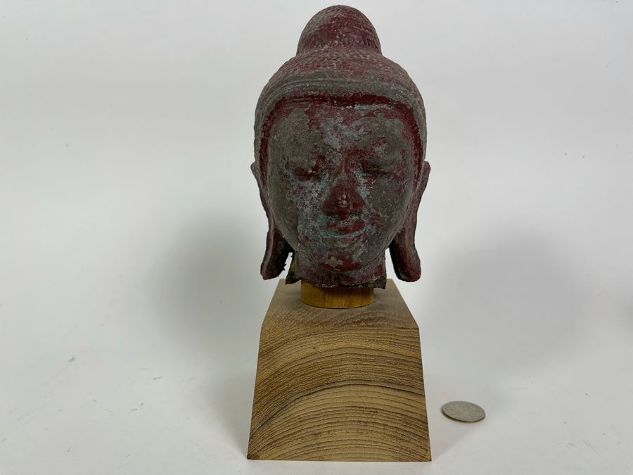 Old Chinese Buddha Head On Wooden Display Stand - Appears To Be Originally Gilded 7H (With Stand 9H) [Photo 3]