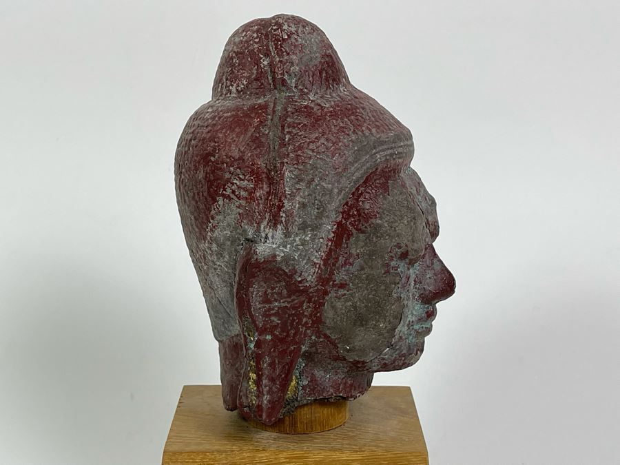 Old Chinese Buddha Head On Wooden Display Stand - Appears To Be Originally Gilded 7H (With Stand 9H) [Photo 11]