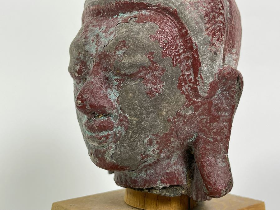 Old Chinese Buddha Head On Wooden Display Stand - Appears To Be Originally Gilded 7H (With Stand 9H) [Photo 19]
