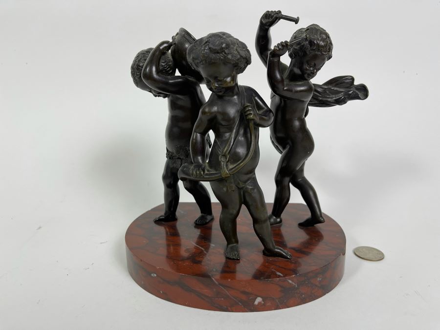 Bronze Sculpture Putti Cherubs Musicians Playing Instruments On Marble Base After Clodion 7W X 5D X 8H [Photo 3]