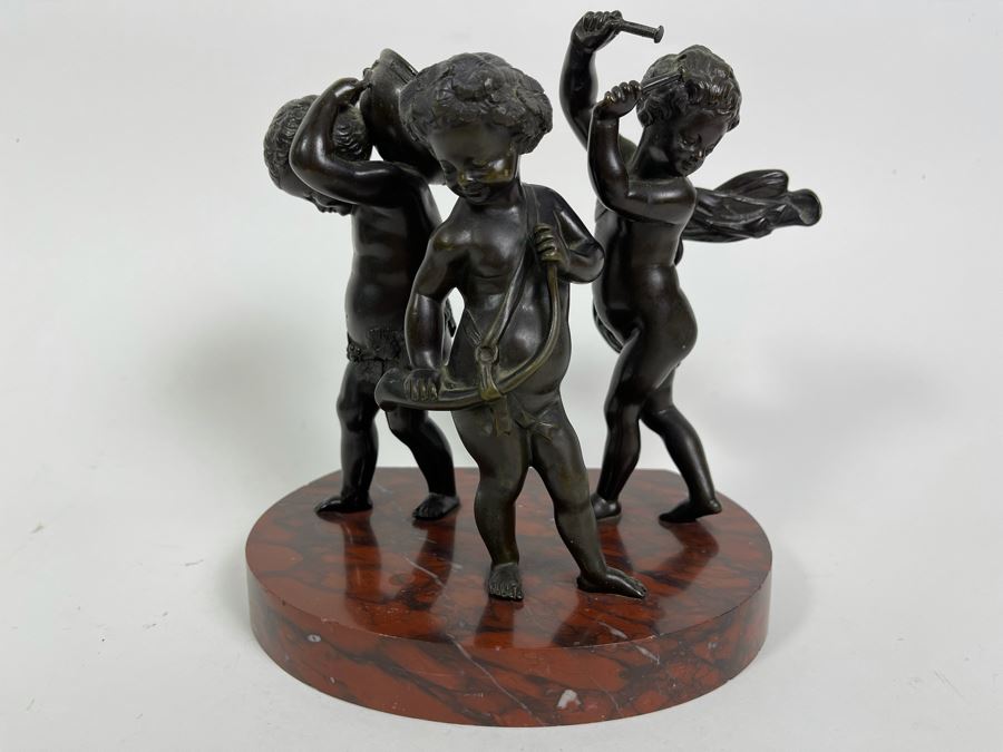 Bronze Sculpture Putti Cherubs Musicians Playing Instruments On Marble Base After Clodion 7W X 5D X 8H [Photo 2]