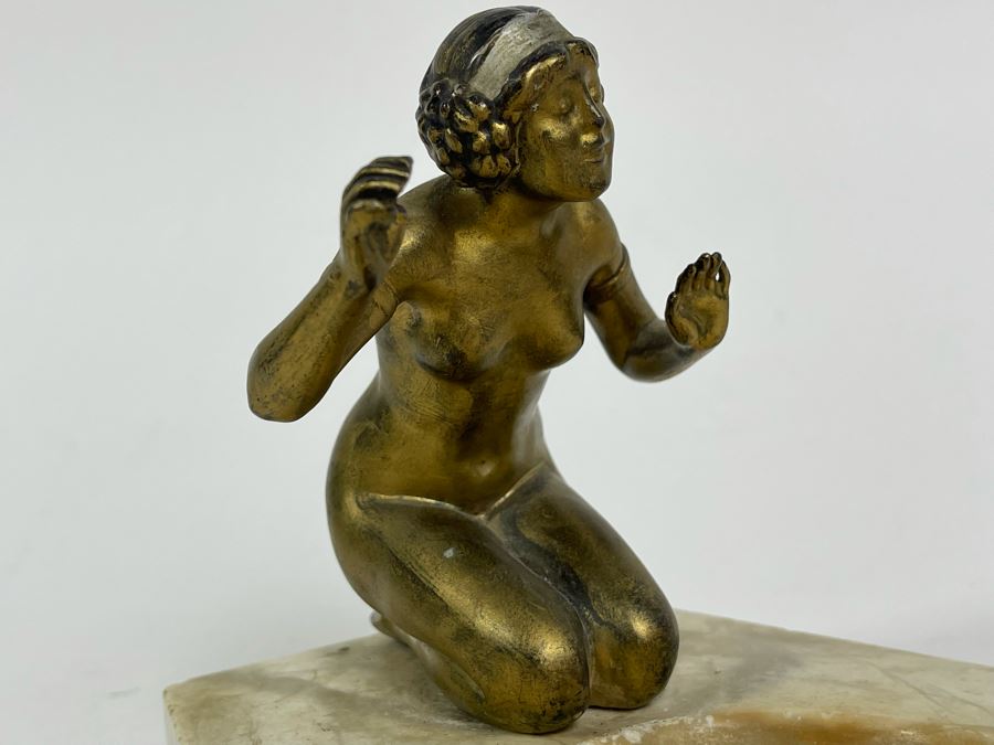 Art Deco Marble Base Trinket Dish Catchall Tray With Gilt Metal Woman Sculpture 7W X 6D X 5H [Photo 11]