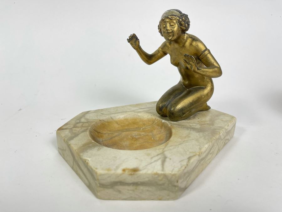 Art Deco Marble Base Trinket Dish Catchall Tray With Gilt Metal Woman Sculpture 7W X 6D X 5H