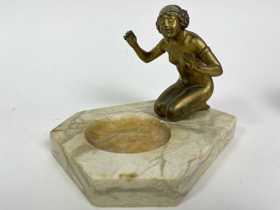 Art Deco Marble Base Trinket Dish Catchall Tray With Gilt Metal Woman Sculpture 7W X 6D X 5H [Photo 5]