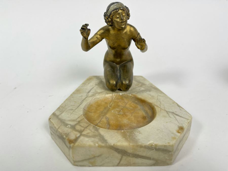 Art Deco Marble Base Trinket Dish Catchall Tray With Gilt Metal Woman Sculpture 7W X 6D X 5H [Photo 3]