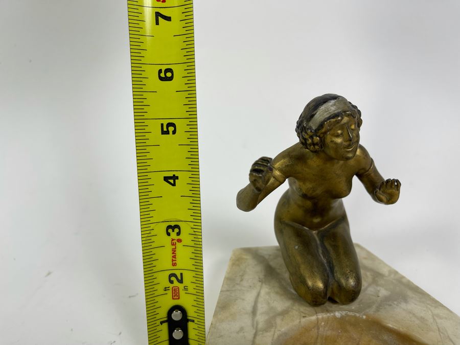 Art Deco Marble Base Trinket Dish Catchall Tray With Gilt Metal Woman Sculpture 7W X 6D X 5H [Photo 17]