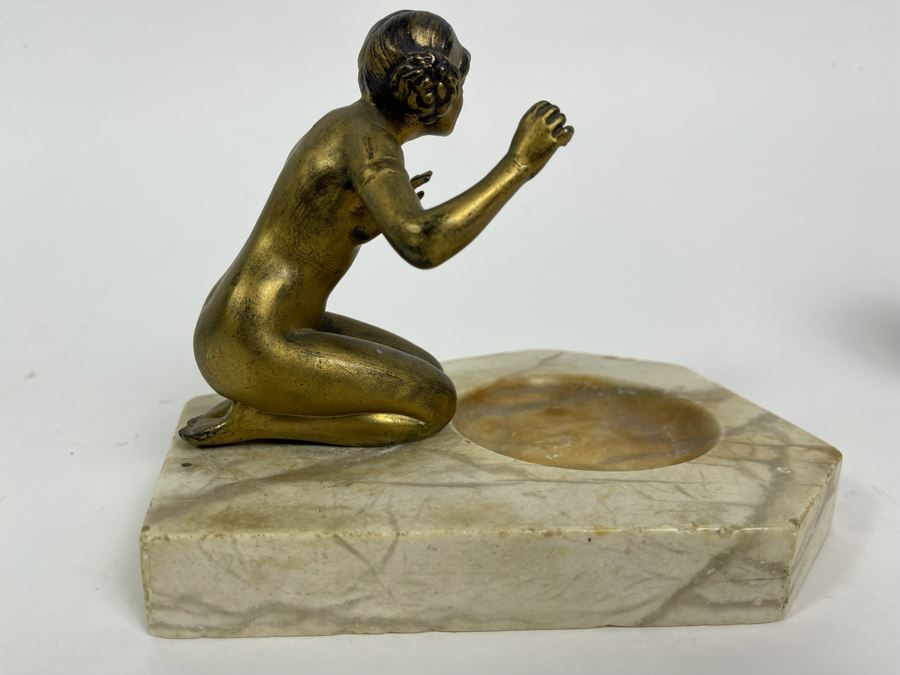 Art Deco Marble Base Trinket Dish Catchall Tray With Gilt Metal Woman Sculpture 7W X 6D X 5H [Photo 10]