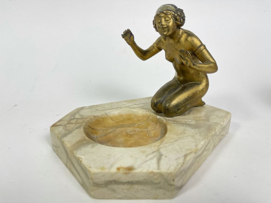 Art Deco Marble Base Trinket Dish Catchall Tray With Gilt Metal Woman Sculpture 7W X 6D X 5H [Photo 2]