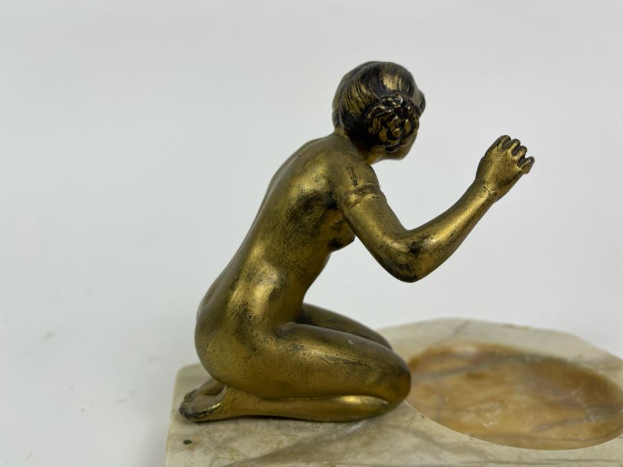 Art Deco Marble Base Trinket Dish Catchall Tray With Gilt Metal Woman Sculpture 7W X 6D X 5H [Photo 9]