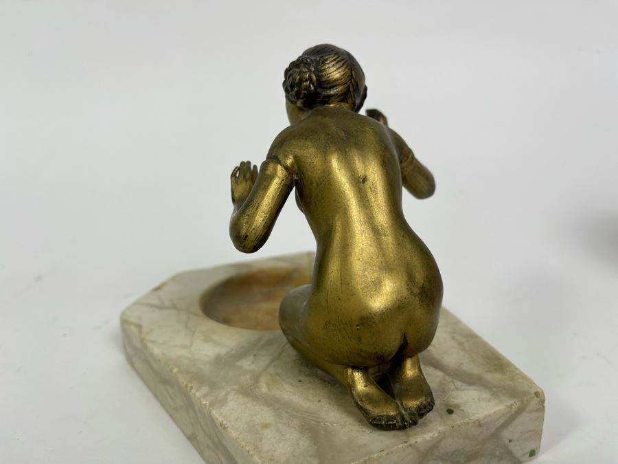 Art Deco Marble Base Trinket Dish Catchall Tray With Gilt Metal Woman Sculpture 7W X 6D X 5H [Photo 8]