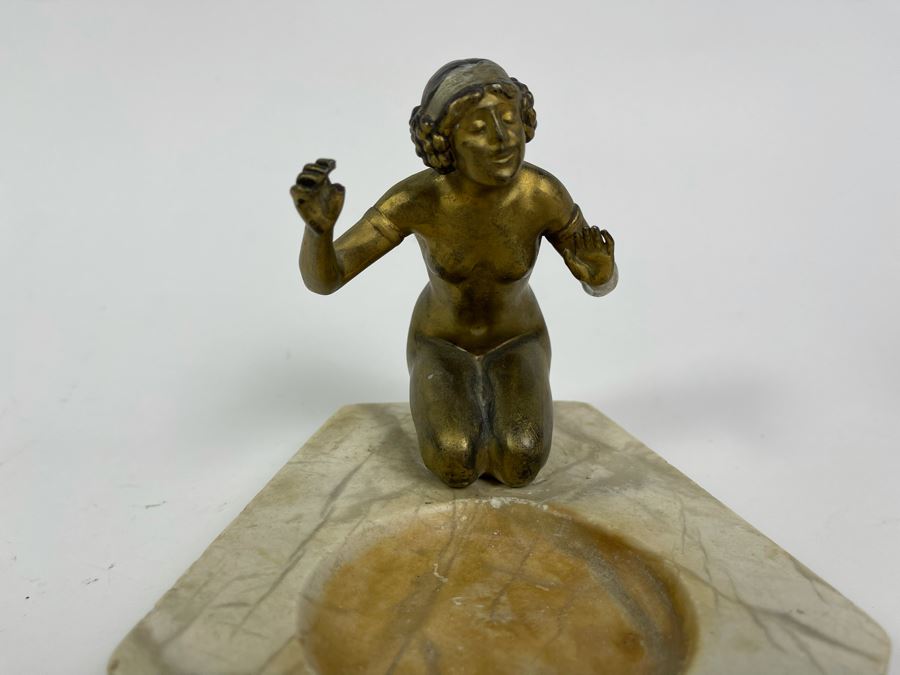 Art Deco Marble Base Trinket Dish Catchall Tray With Gilt Metal Woman Sculpture 7W X 6D X 5H [Photo 4]