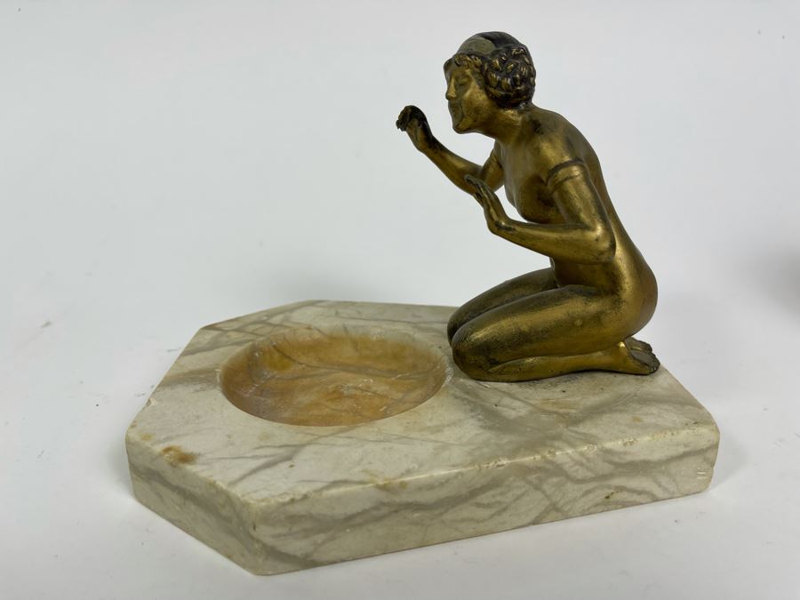 Art Deco Marble Base Trinket Dish Catchall Tray With Gilt Metal Woman Sculpture 7W X 6D X 5H [Photo 6]