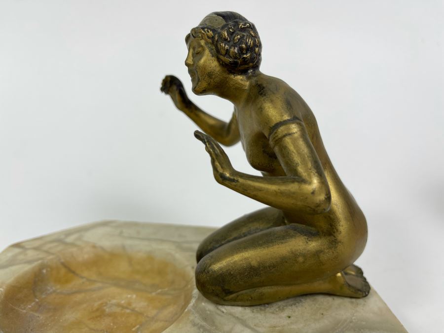 Art Deco Marble Base Trinket Dish Catchall Tray With Gilt Metal Woman Sculpture 7W X 6D X 5H [Photo 7]