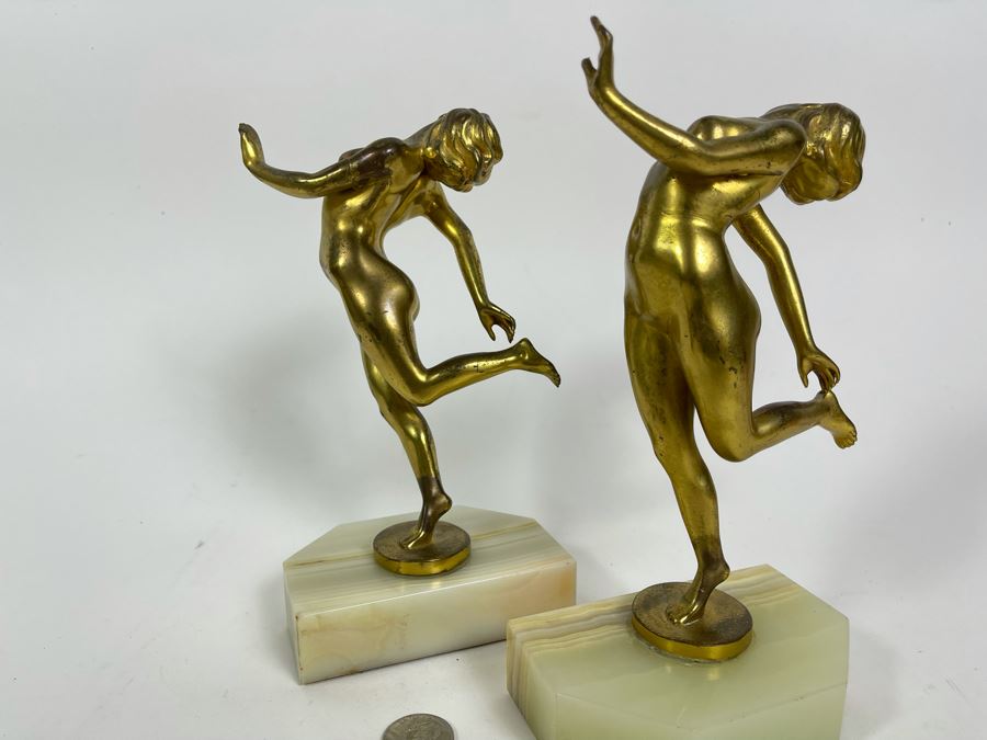Pair Of Art Deco Gilt Metal Dancing Woman Sculptures On Onyx Marble Base 8.5H [Photo 4]