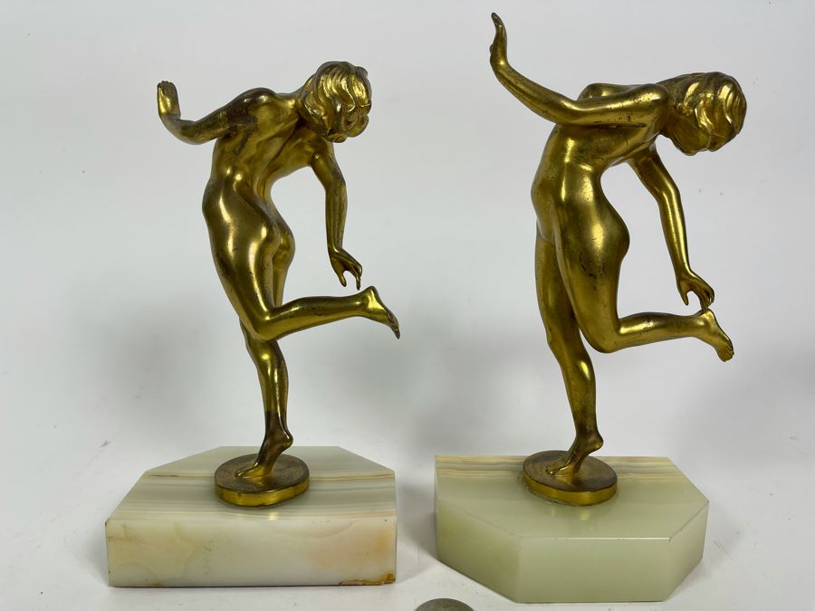 Pair Of Art Deco Gilt Metal Dancing Woman Sculptures On Onyx Marble Base 8.5H [Photo 5]