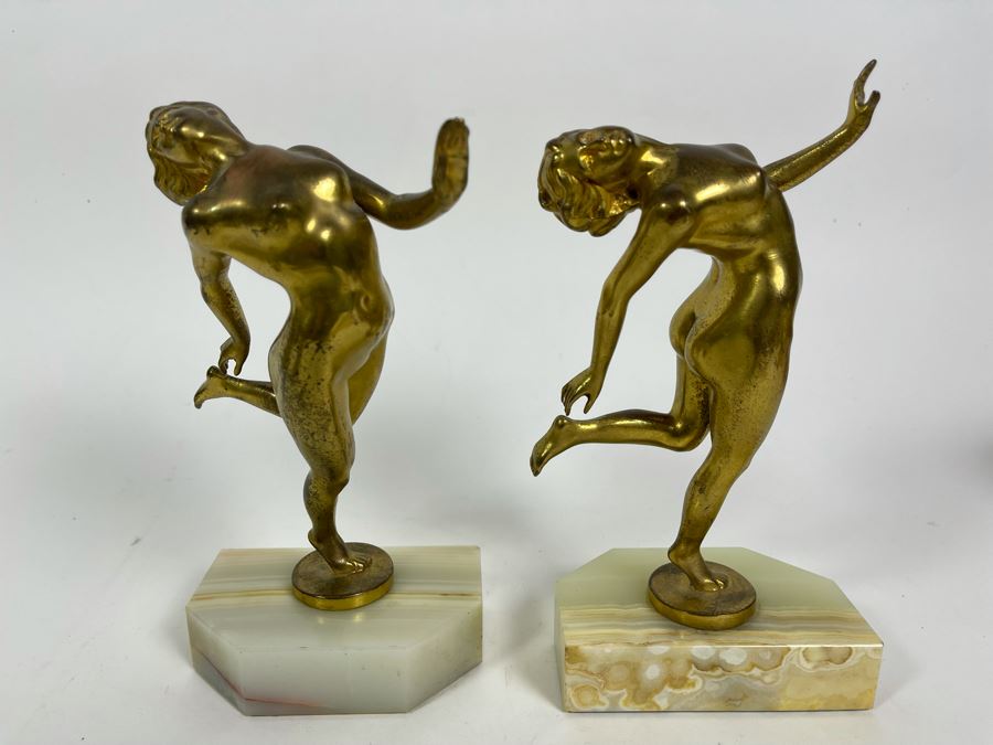 Pair Of Art Deco Gilt Metal Dancing Woman Sculptures On Onyx Marble Base 8.5H [Photo 9]