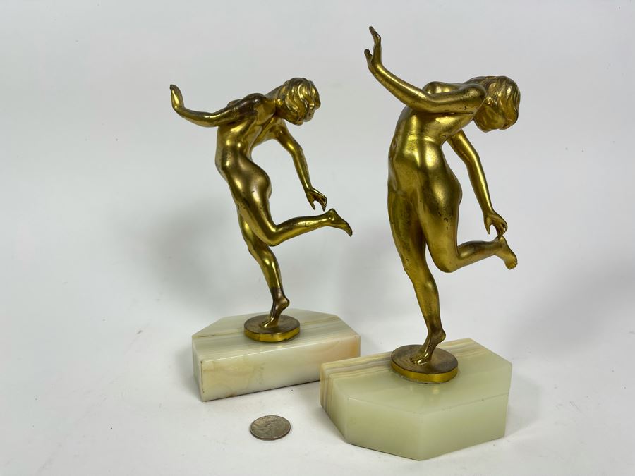 Pair Of Art Deco Gilt Metal Dancing Woman Sculptures On Onyx Marble Base 8.5H [Photo 2]