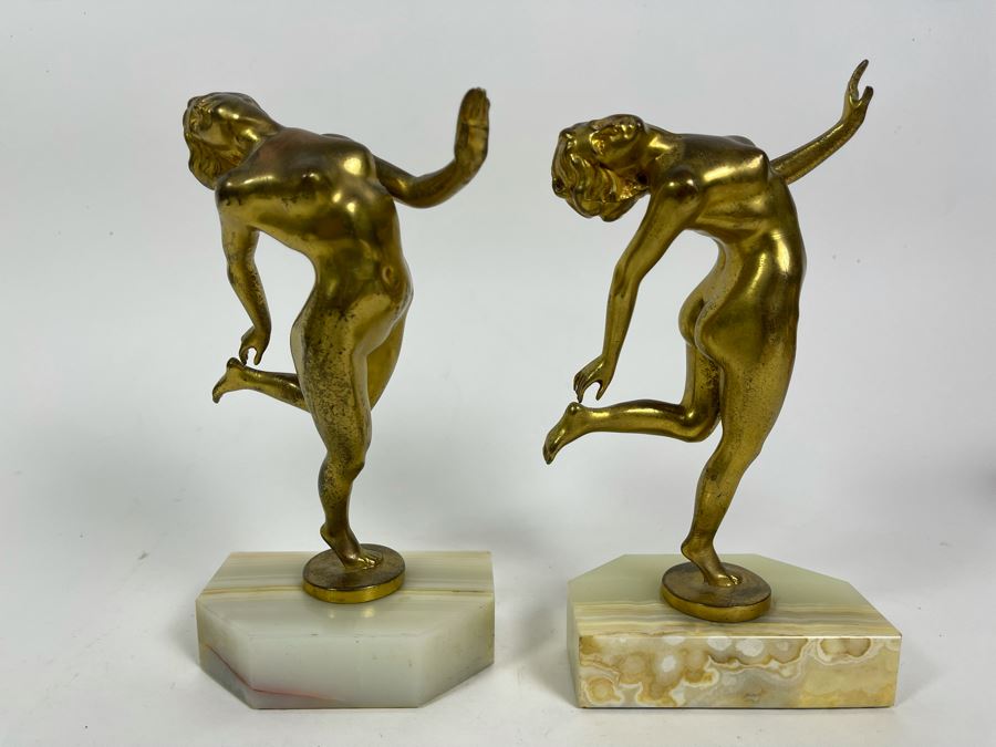 Pair Of Art Deco Gilt Metal Dancing Woman Sculptures On Onyx Marble Base 8.5H [Photo 8]