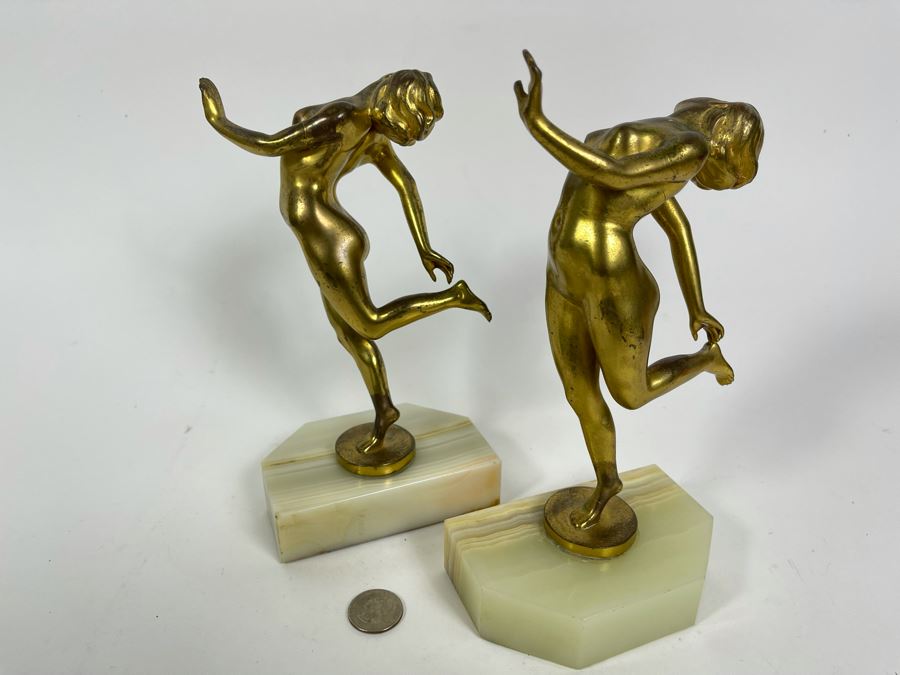 Pair Of Art Deco Gilt Metal Dancing Woman Sculptures On Onyx Marble Base 8.5H [Photo 3]