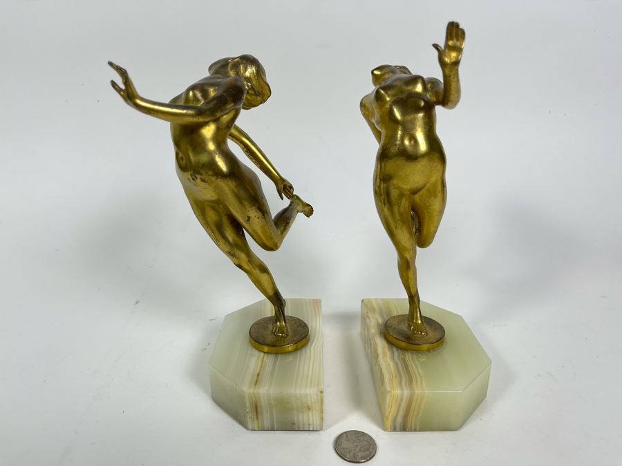 Pair Of Art Deco Gilt Metal Dancing Woman Sculptures On Onyx Marble Base 8.5H [Photo 7]