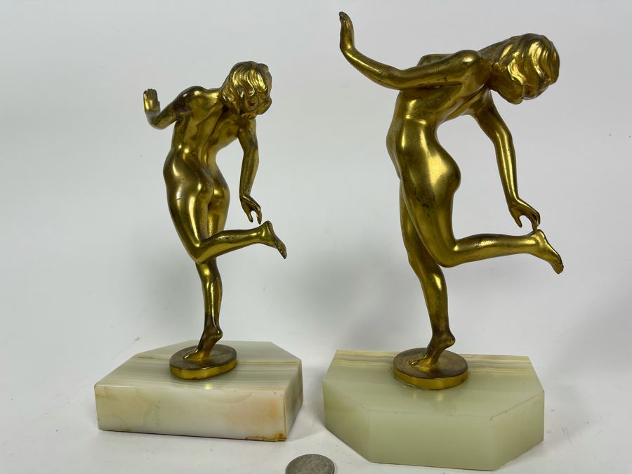 Pair Of Art Deco Gilt Metal Dancing Woman Sculptures On Onyx Marble Base 8.5H [Photo 6]