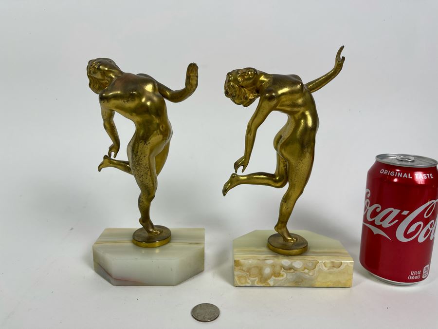 Pair Of Art Deco Gilt Metal Dancing Woman Sculptures On Onyx Marble Base 8.5H [Photo 10]