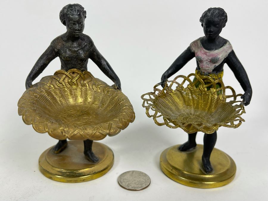 Pair Of Vintage Metal Figurines Holding Trays 4.5H [Photo 3]