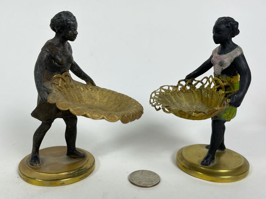 Pair Of Vintage Metal Figurines Holding Trays 4.5H [Photo 4]
