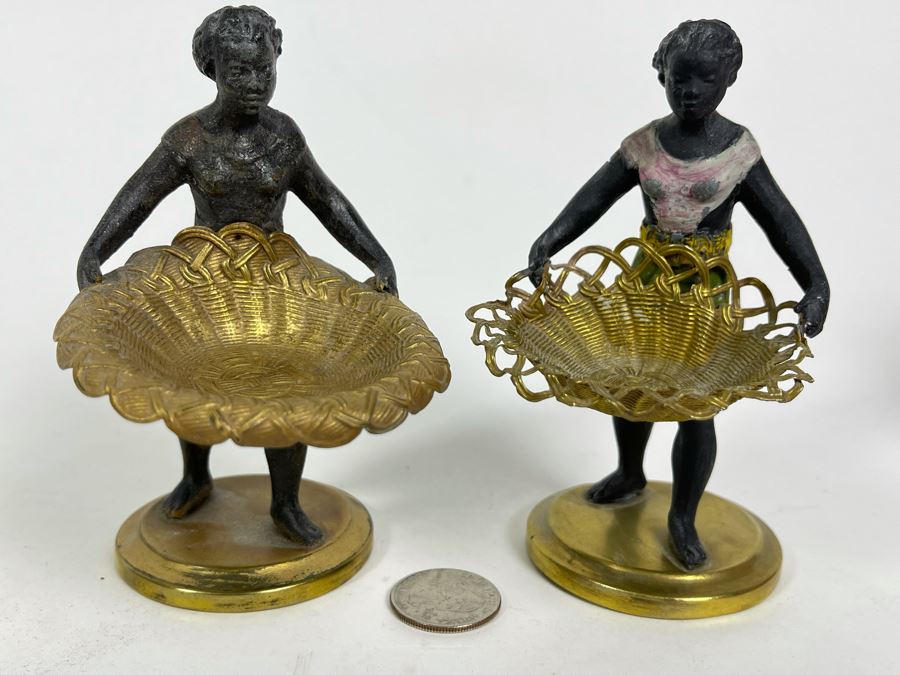 Pair Of Vintage Metal Figurines Holding Trays 4.5H [Photo 2]