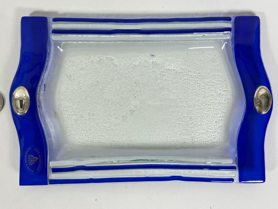 Signed Murano Glass Tray Trinket Dish With Pair Of Sterling Silver Adornments 9.5 X 6 [Photo 1]
