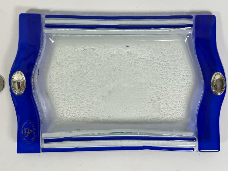 Signed Murano Glass Tray Trinket Dish With Pair Of Sterling Silver Adornments 9.5 X 6 [Photo 2]
