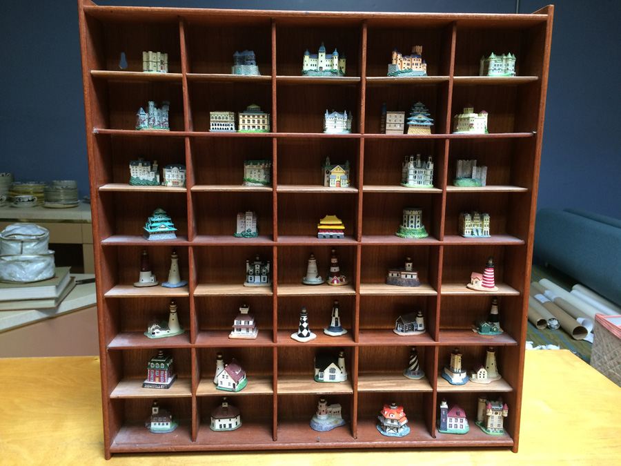 Huge Collection of Miniature Castles and Lighthouses plus Teak Display Case