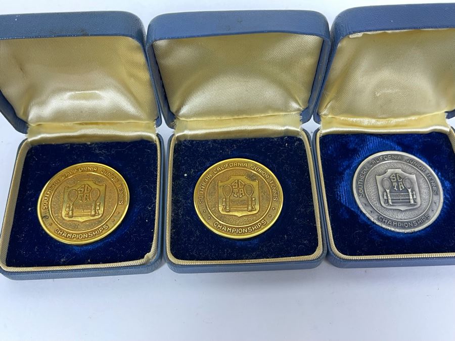 Three Engraved Medals From Southern California Junior Tennis Championships 1950 Winner Girls Singles Under 13, 1950 Winner Doubles Girls Under 13 And Sterling Silver Runner-Up Girls Singles Under 15 1952 [Photo 4]