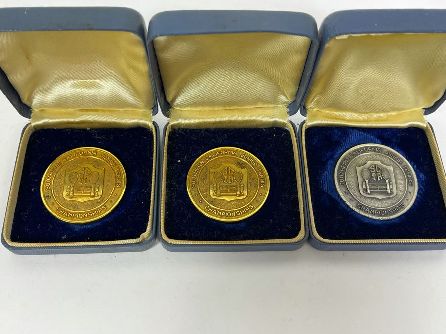 Three Engraved Medals From Southern California Junior Tennis Championships 1950 Winner Girls Singles Under 13, 1950 Winner Doubles Girls Under 13 And Sterling Silver Runner-Up Girls Singles Under 15 1952 [Photo 2]