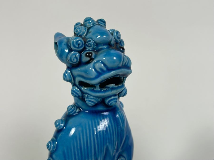 Pair Of Vintage Blue Glazed Chinese Foo Dogs One With Wooden Stand 5.5-6H [Photo 4]