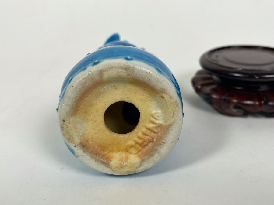 Pair Of Vintage Blue Glazed Chinese Foo Dogs One With Wooden Stand 5.5-6H [Photo 10]