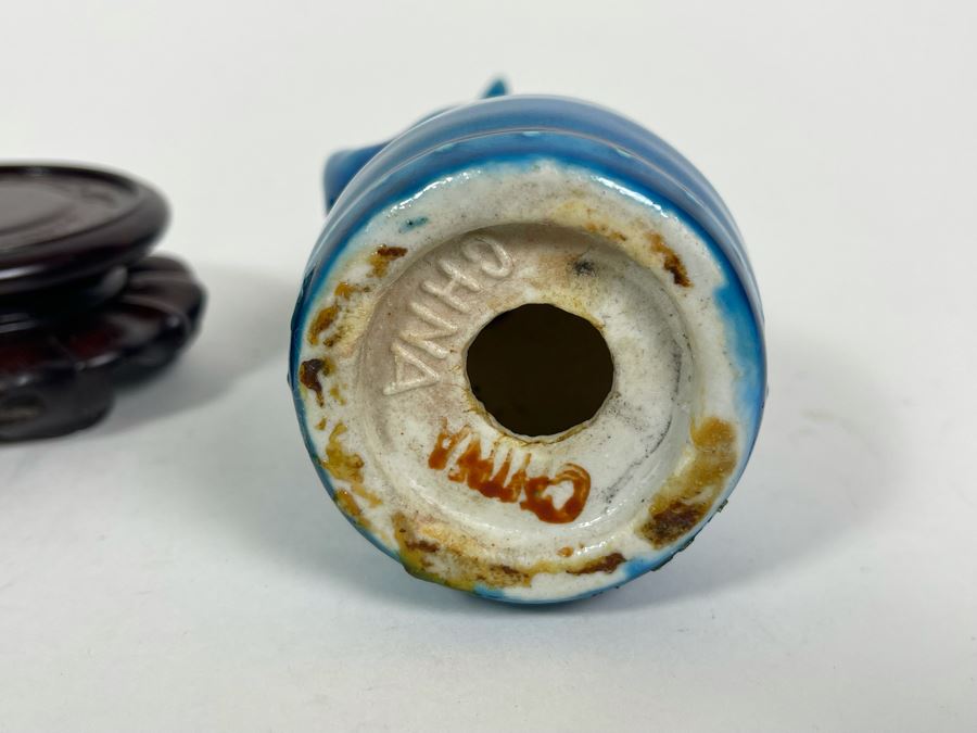 Pair Of Vintage Blue Glazed Chinese Foo Dogs One With Wooden Stand 5.5-6H [Photo 9]