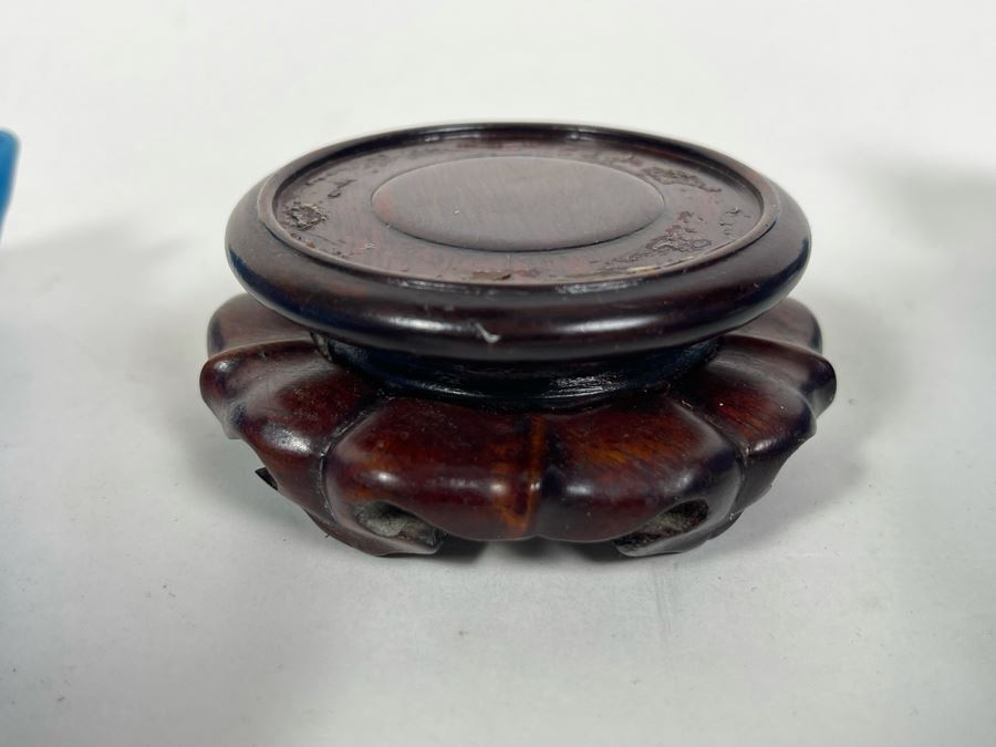 Pair Of Vintage Blue Glazed Chinese Foo Dogs One With Wooden Stand 5.5-6H [Photo 11]